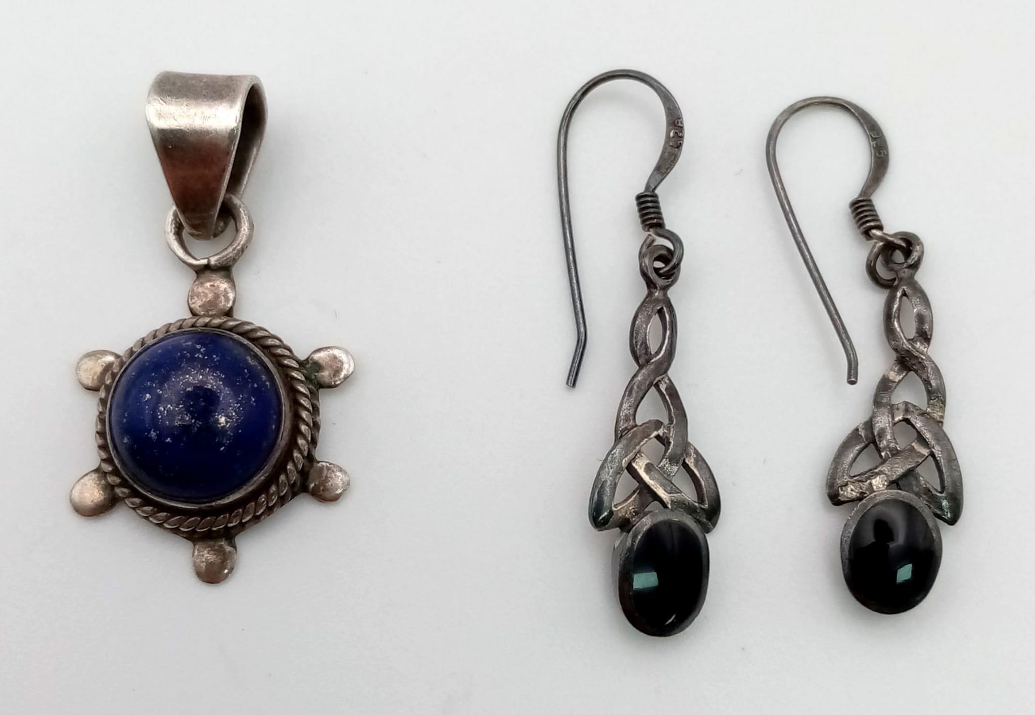 A sterling silver lapis lazuli pendant AND a sterling silver black onyx Celtic drop pair of