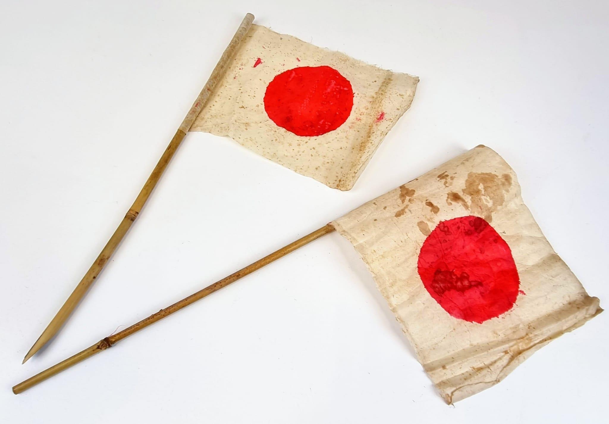 A Pair of Authentic WW2 Japanese Paper and Bamboo Patriotic Flags