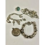 Antique silver pocket watch, silver bracelet with silver turquoise ring etc
