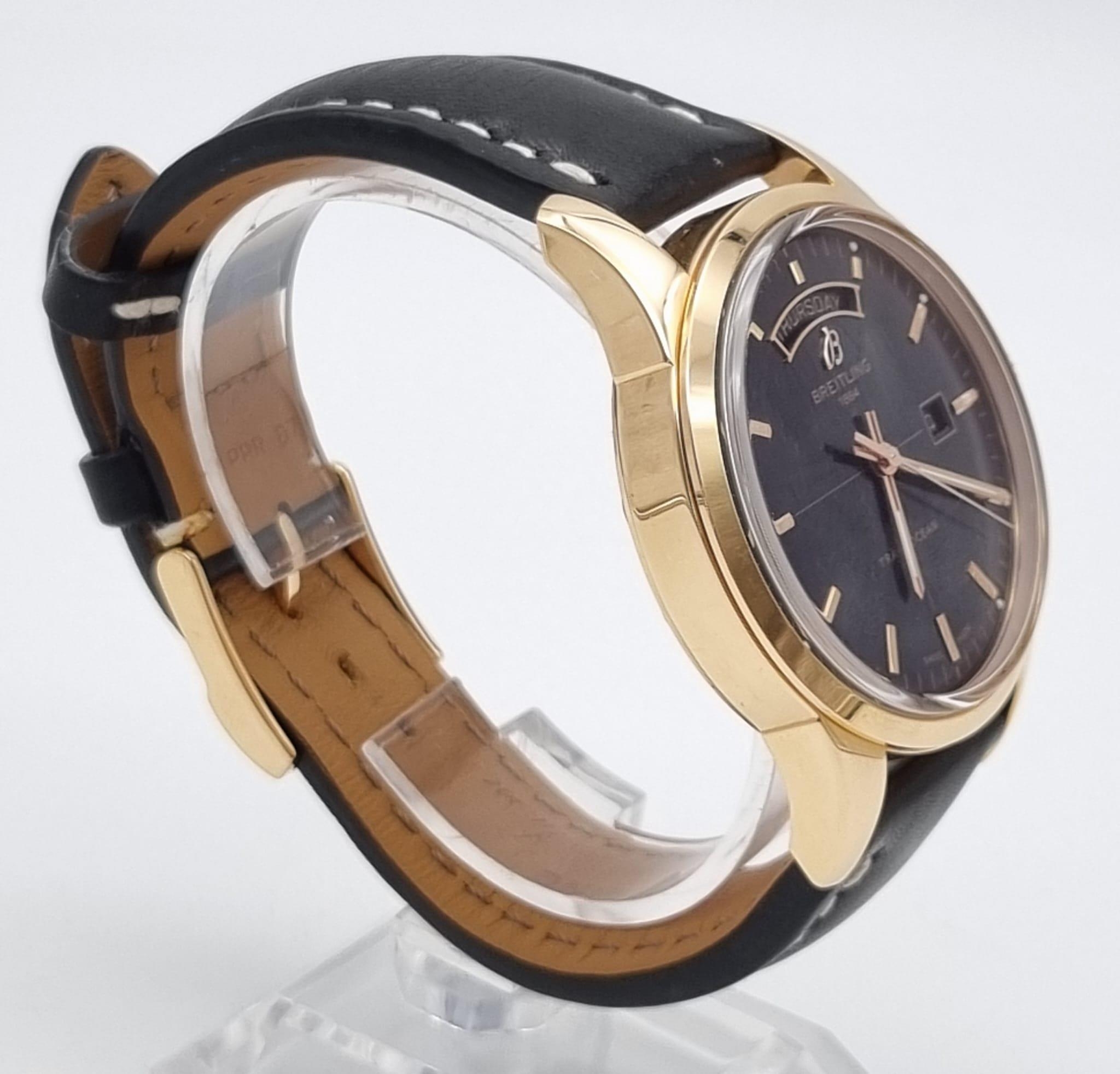 A Breitling Transocean Automatic Rose Gold Cased Gents Watch. Black leather strap. Rose gold - Image 5 of 15