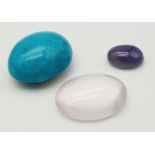 Lot of 3 Gemstones - 4.24 Ct Cabochon Tanzanite, 12.95 Ct cabochon Rose Quartz & 21.55 Ct Cabochon