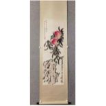 A Chinese Ink and Watercolour on Paper Scroll. Longevity and good fortune come in a pair.