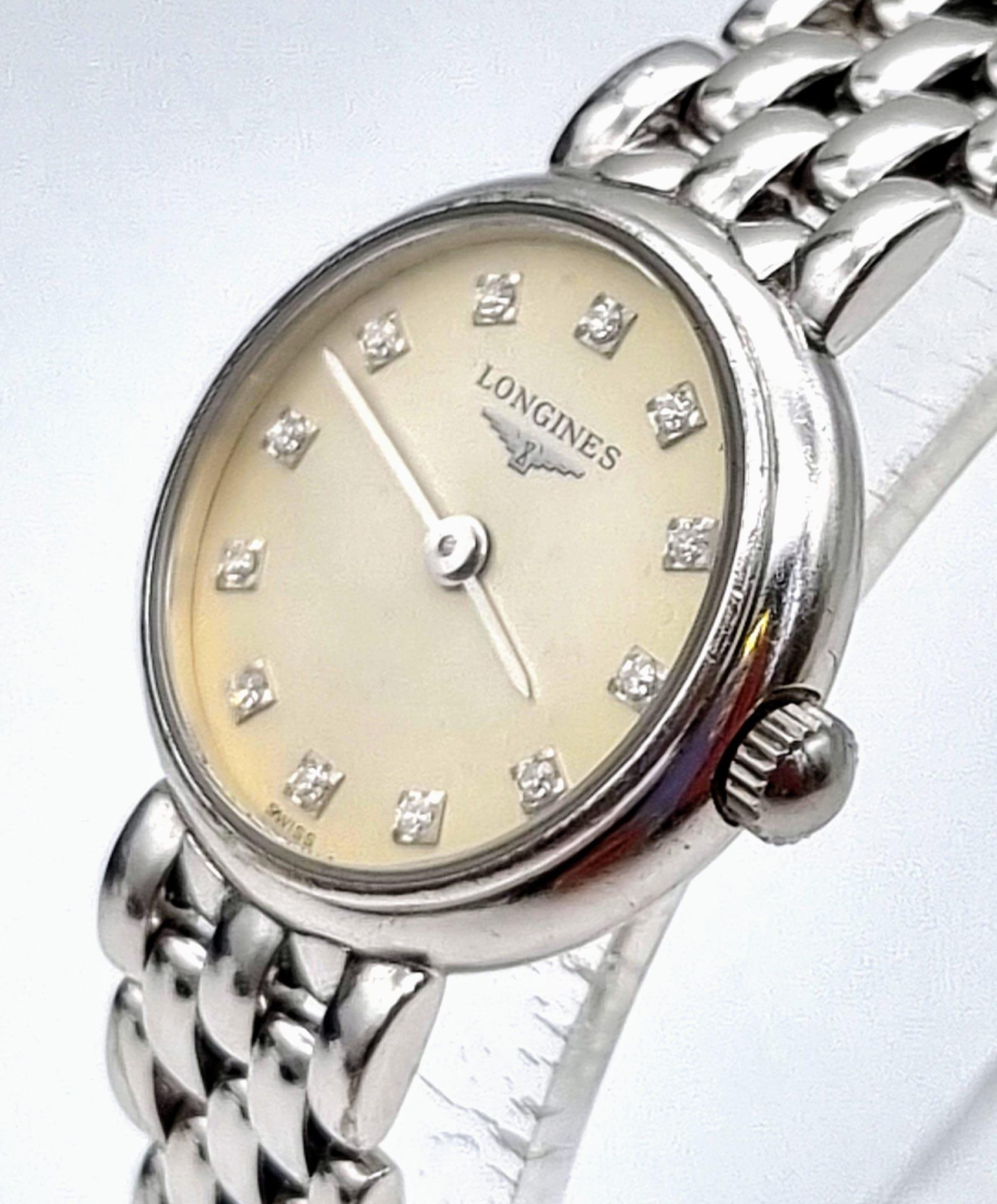 LONGINES 18K WHITE GOLD LADIES WATCH, DIAMOND SET DIAL, 18K GOLD BRACELET WITH ORIGINAL BOX. - Bild 3 aus 11