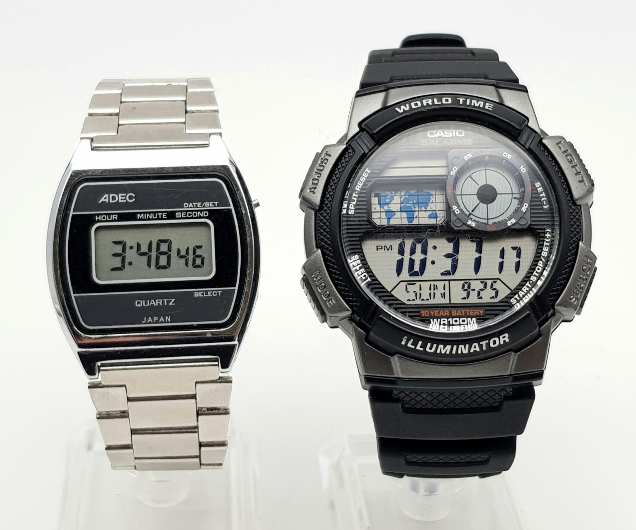 Two Digital Watches. A Casio and an Adec. Both in working order.