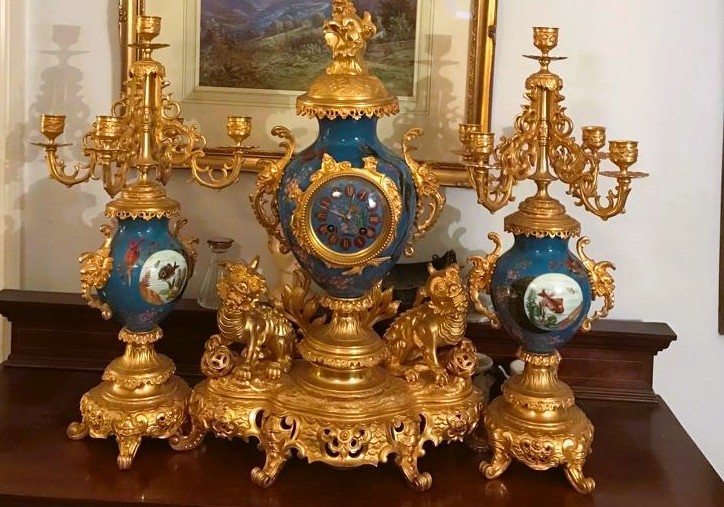 A Magnificent French 19th Century gilt bronze and champleve enamel porcelain mantel garniture - In - Image 12 of 16