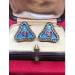 Magnificent pair of Russian silver and enamel diamond cufflinks. 2.5cm cufflink length to back 1.7cm