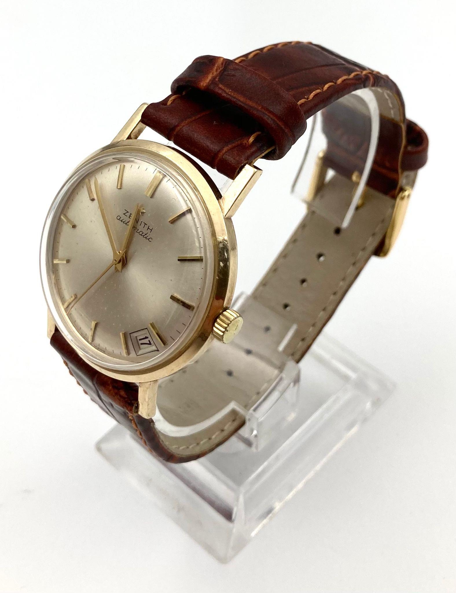 A Glorious Vintage 9K Gold Cased Zenith Gents Watch. Mechanical movement. Leather strap. Gold case - - Image 2 of 5