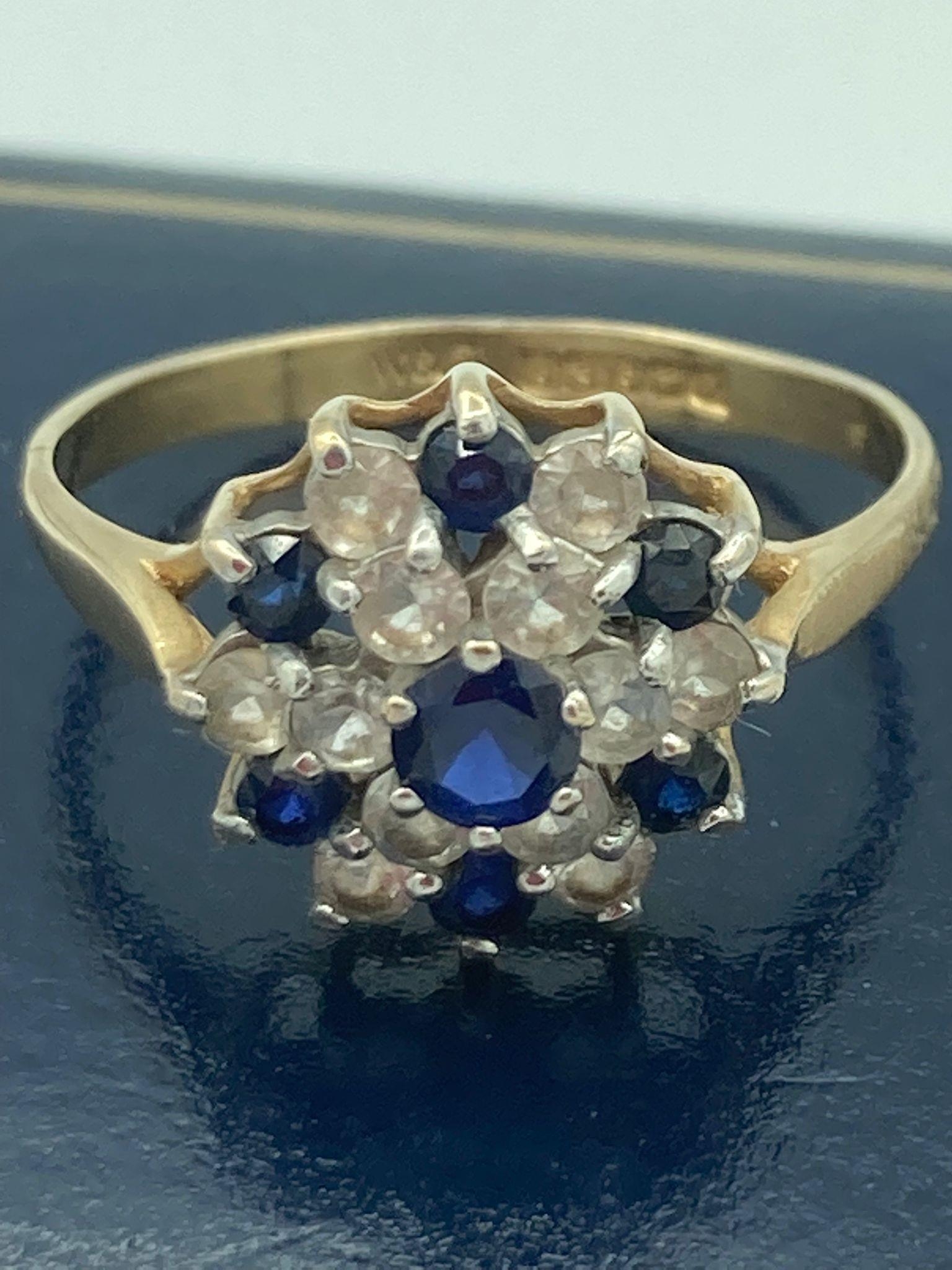 Stunning 9 carat GOLD RING set with dark blue SPINEL and quartz gemstones. Full UK hallmark.