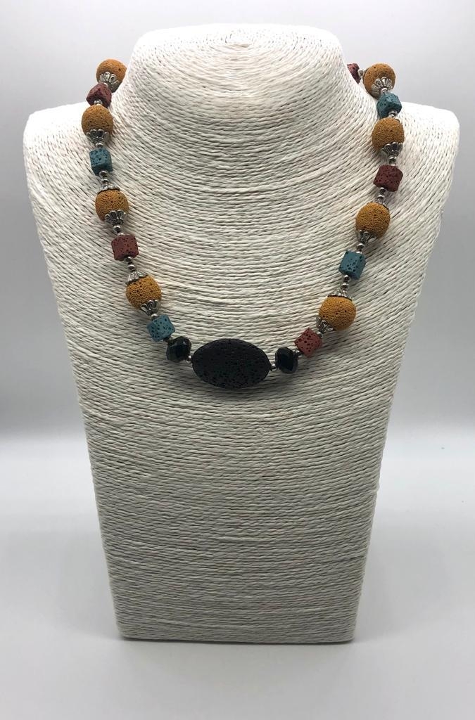 An Unusual Multi-Coloured Lava Stone Necklace. 46cm