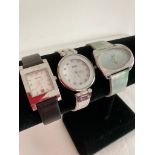 3 x Ladies quartz wristwatches to include FOSSIL Square face model,DMQ in white and SLICK in green.