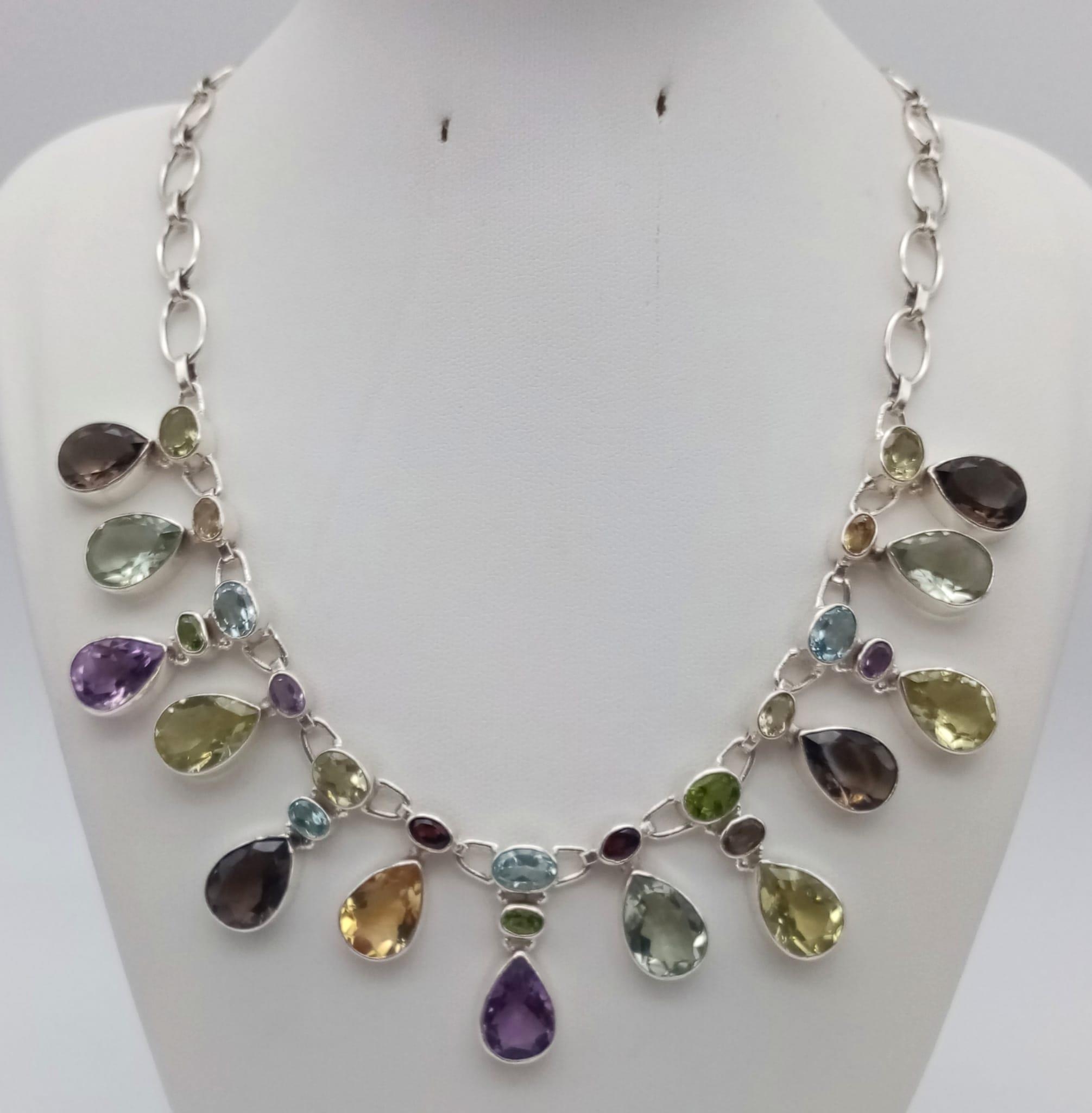 An Amethyst, Citrine Gemstone Necklace in 925 Silver. 44cm. 57g total weight.