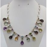 An Amethyst, Citrine Gemstone Necklace in 925 Silver. 44cm. 57g total weight.
