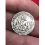 Antique Islamic Persian calligraphy white metal prayer coin carved with religious holy man. Diameter