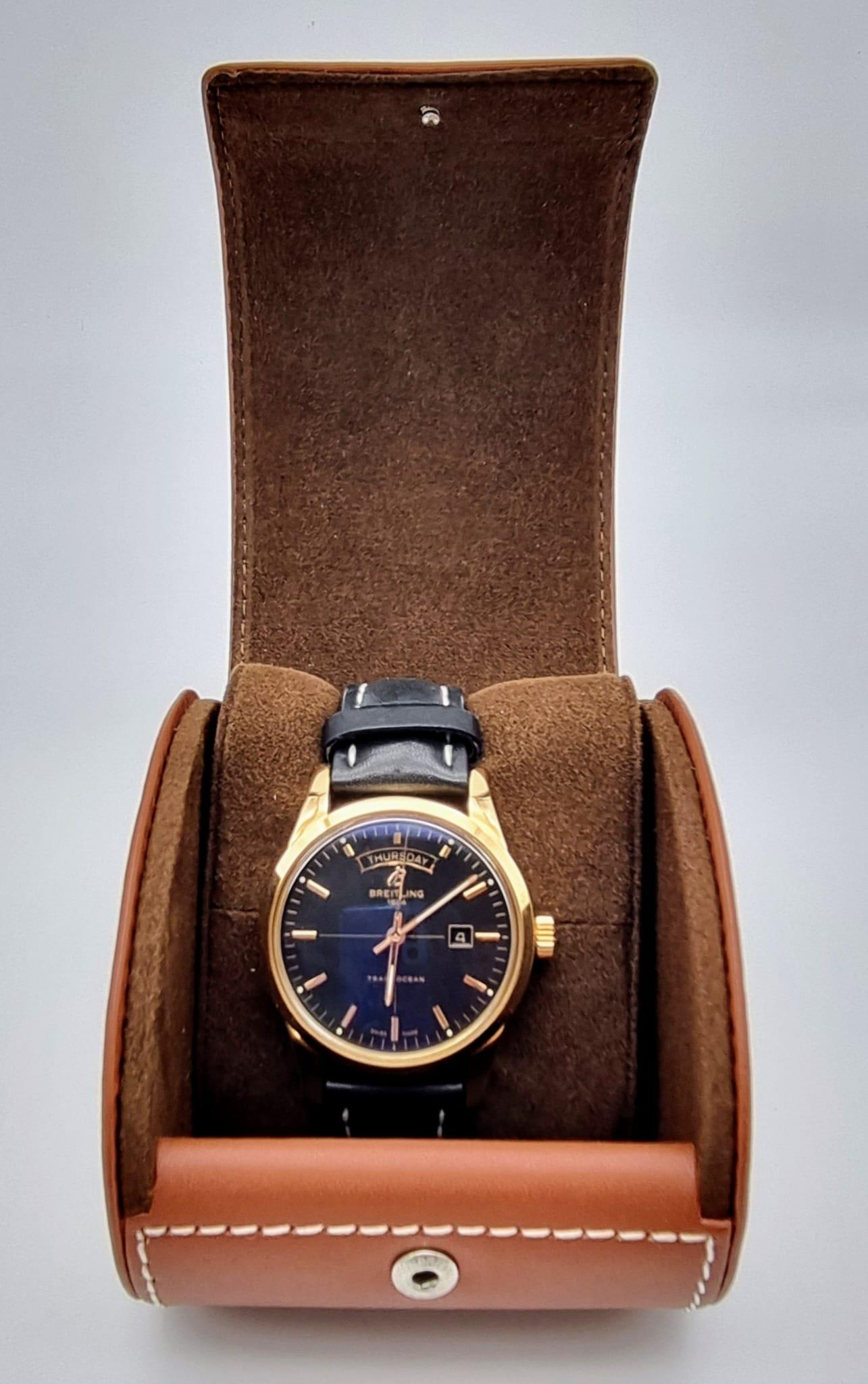 A Breitling Transocean Automatic Rose Gold Cased Gents Watch. Black leather strap. Rose gold - Image 12 of 15