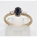 9K YELLOW GOLD DIAMOND & SAPPHIRE 3 STONE RING 1.3G SIZE L.