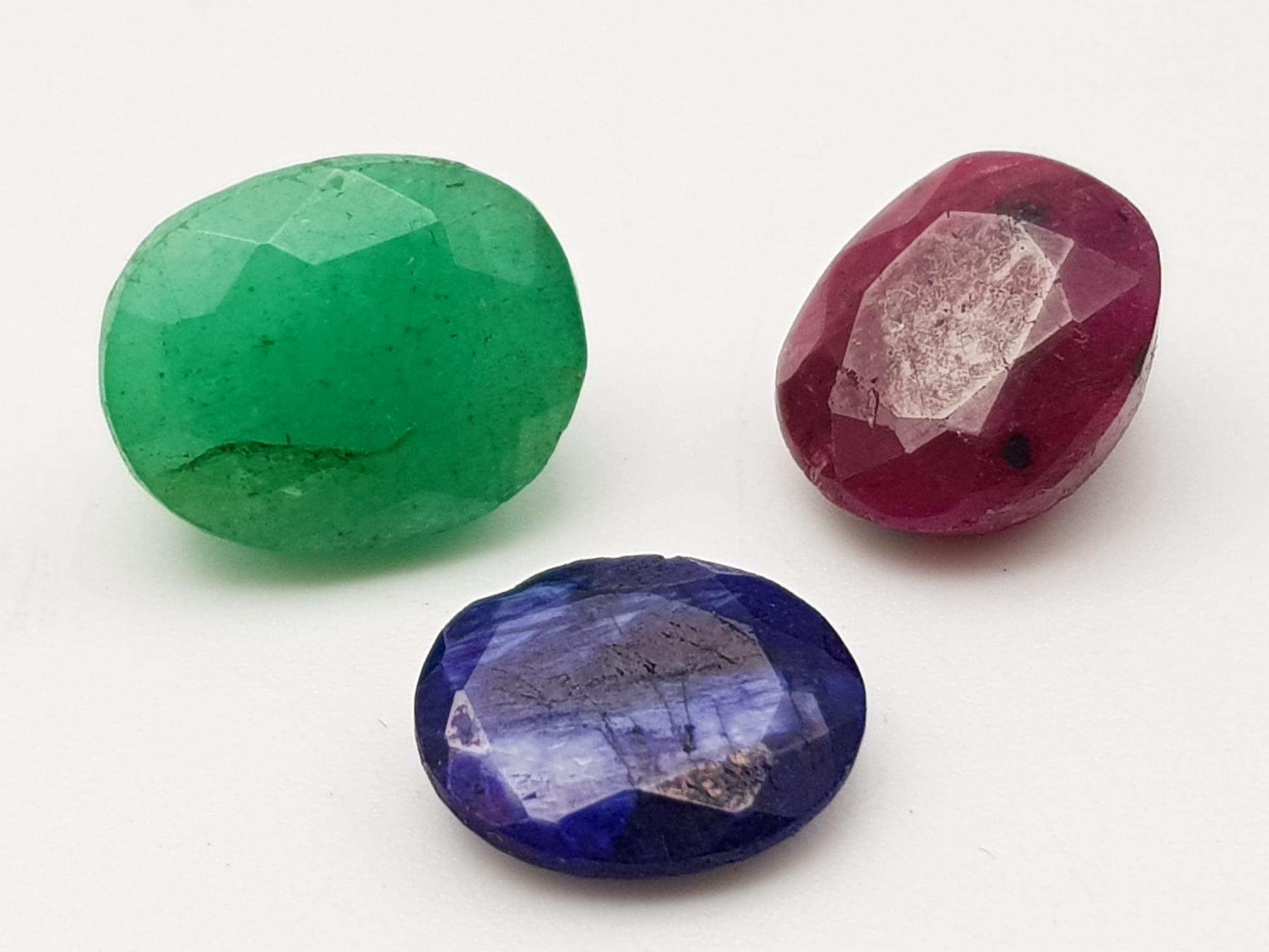 Lot of 3 Gemstones - 9.05 Ct Mixed Cut Ruby, 9.95 Ct Mixed Cut Emerald & 4 Ct Mixed Cut Blue