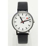 A Vintage Mondaine Railway Watch. Black leather strap. Stainless steel case - 32mm. Quartz movement.