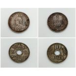 Two Coins: A German 1911 East Africa 10 Heller and a German 1914 East Africa 1 Rupee. Very good