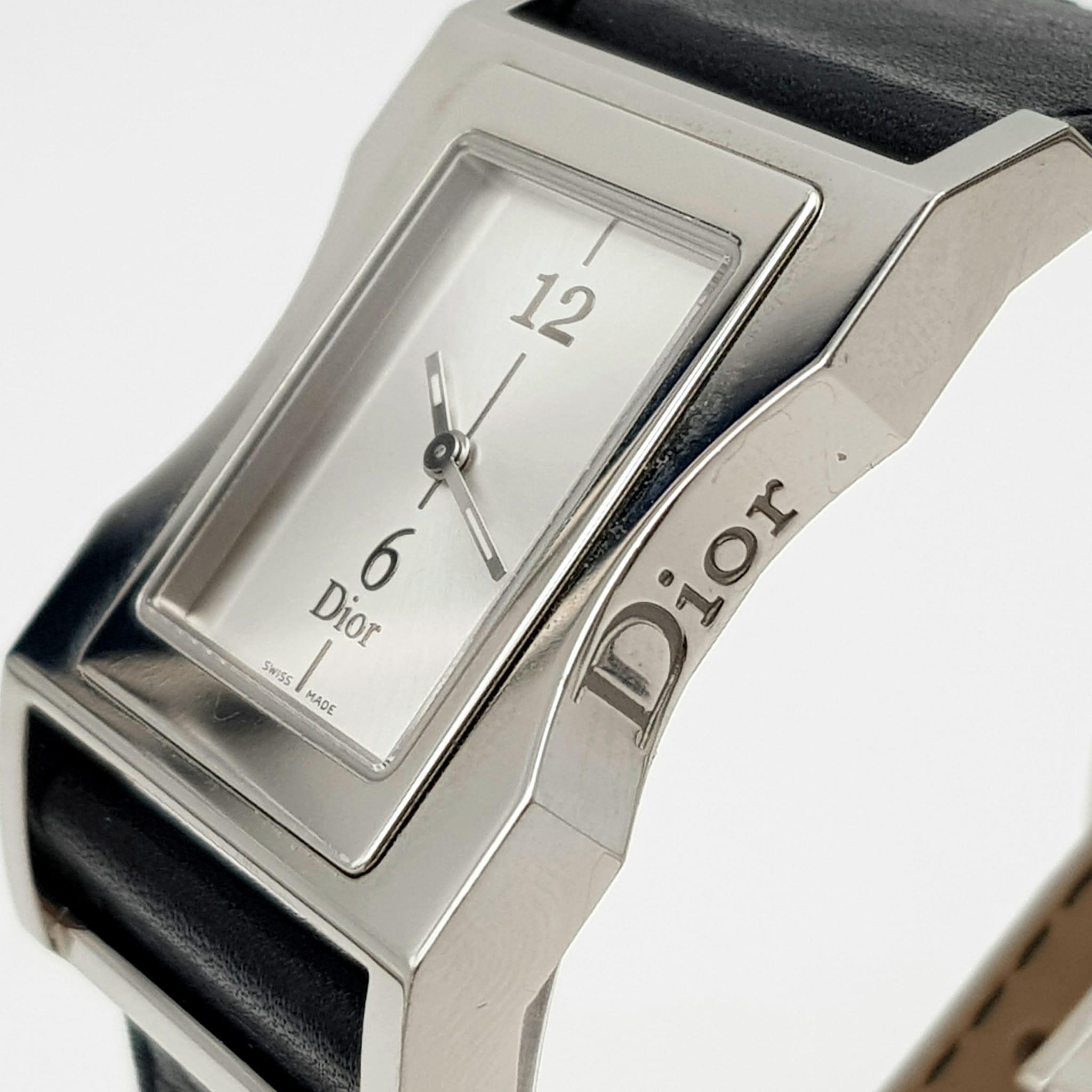 A Stylish Cristian Dior Ladies Watch. Black leather strap with stainless steel case - 30mm width. - Image 3 of 8