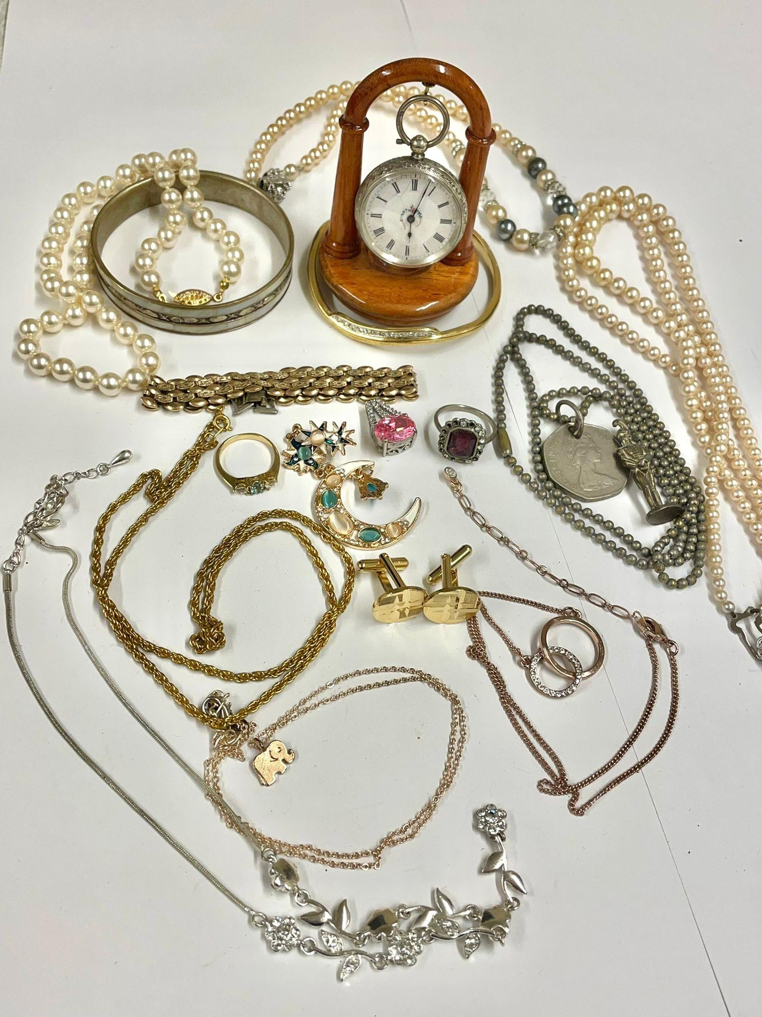 Antique silver pocket watch , cufflinks , necklaces etc