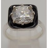 A 3ct Cushion White Moissanite Ring with Black Enamel. Size N.