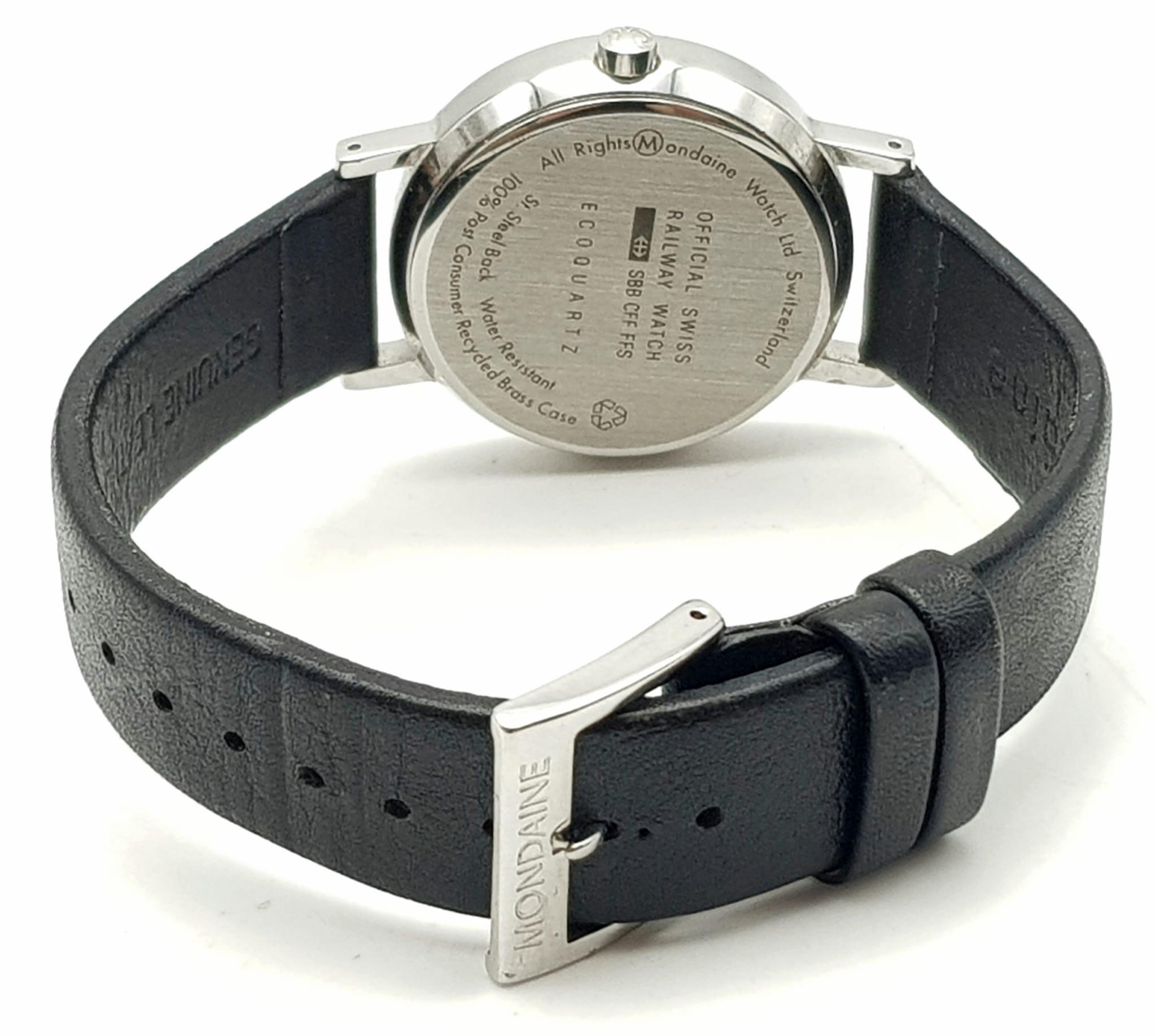 A Vintage Mondaine Railway Watch. Black leather strap. Stainless steel case - 32mm. Quartz movement. - Image 5 of 6