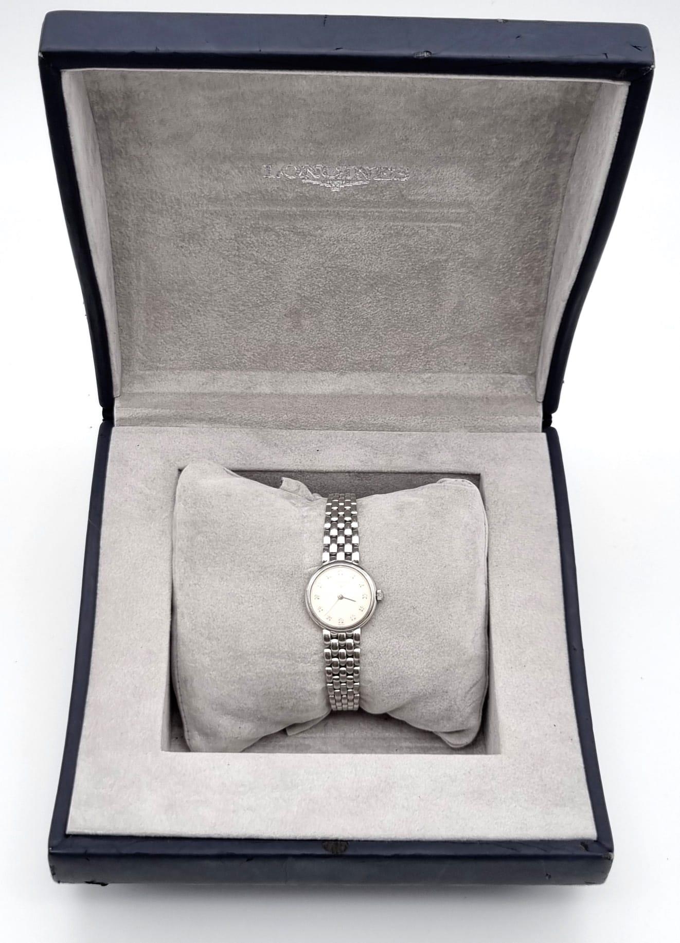 LONGINES 18K WHITE GOLD LADIES WATCH, DIAMOND SET DIAL, 18K GOLD BRACELET WITH ORIGINAL BOX. - Bild 10 aus 11