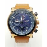 A Lige Chronograph Watch. Brown leather strap. Gilded case - 48mm. Quartz movement, in good