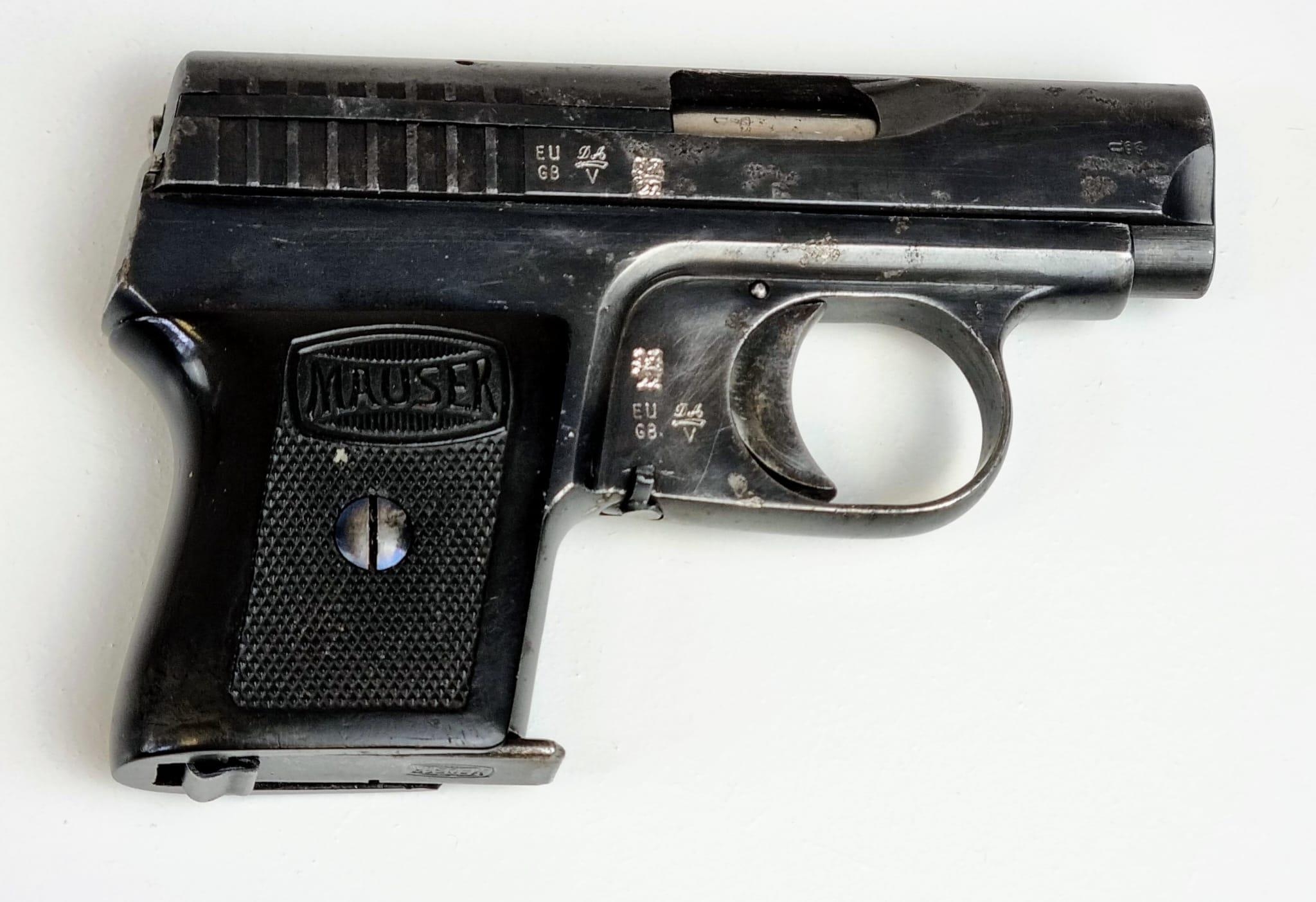 A Deactivated Mauser Oberndorf 25 ACP Pocket Pistol. 2.375 inch barrel. Vest pocket model. Metal