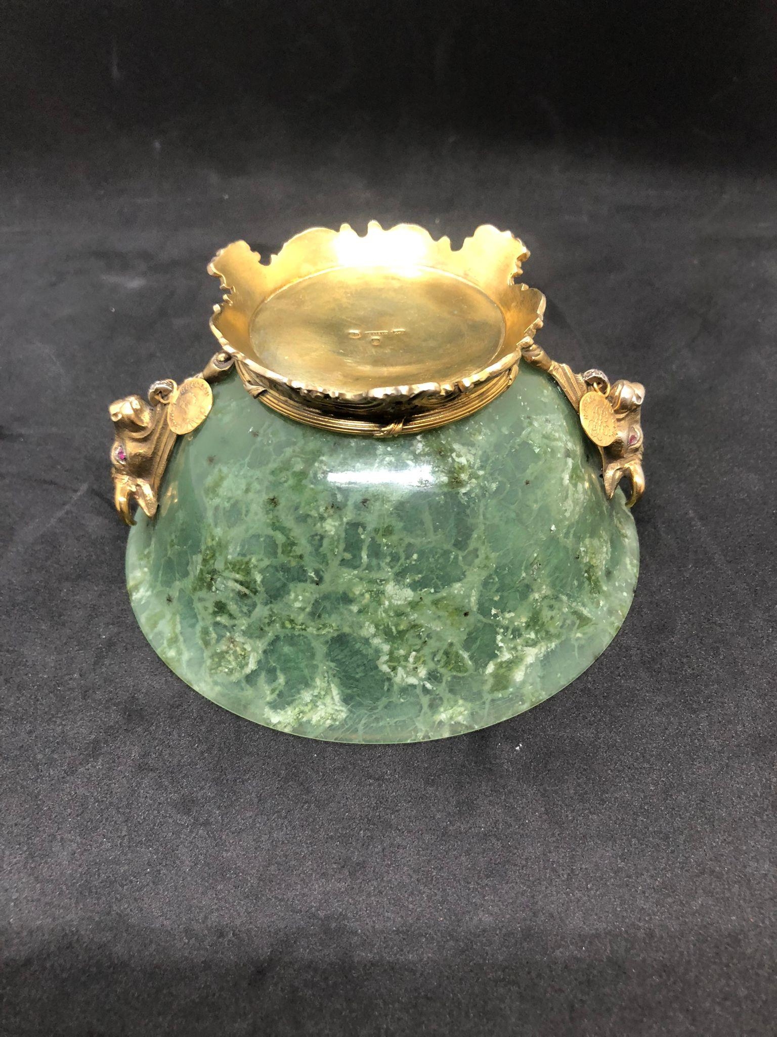 STUNNING RUSSIAN SOLID SILVER SPINACH JADE DIAMOND BOWL. Stunning bowl with bulls heads either - Bild 14 aus 17