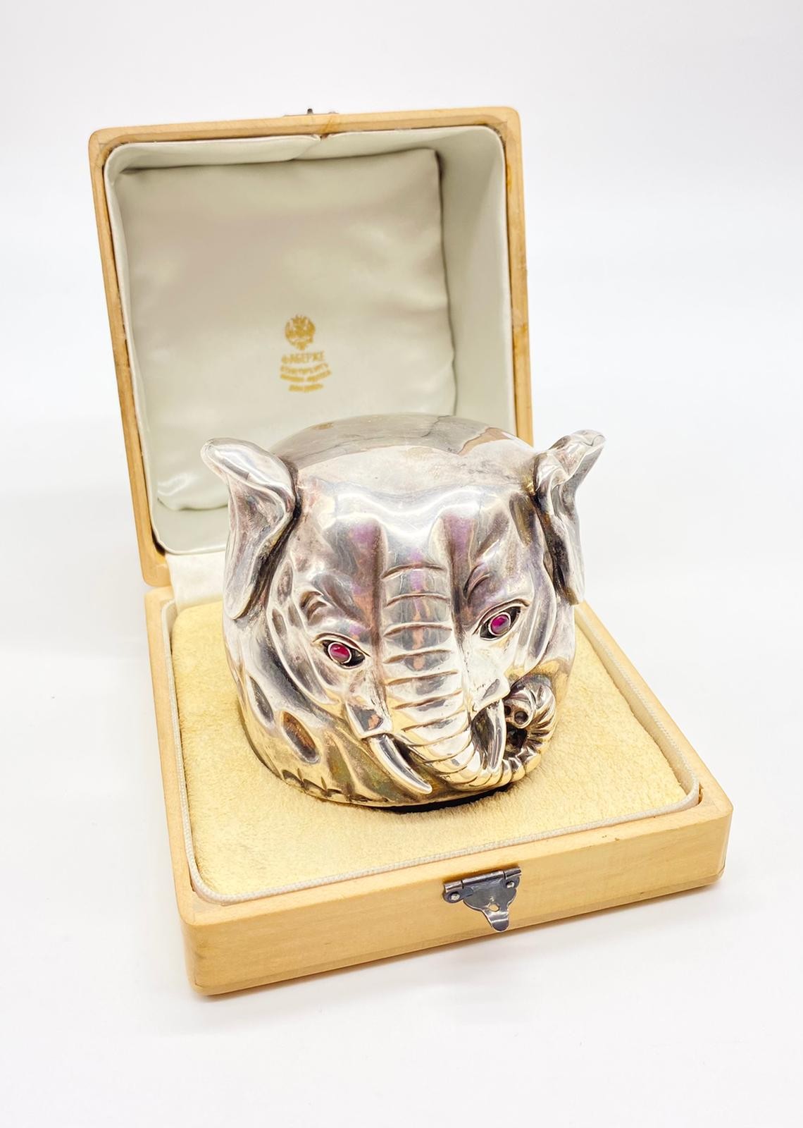 Rare Russian antique silver huge elephant drinking cup. Gilt interior. Pink sapphire eyes. Diameter: