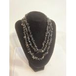 Stunning BLACK TOURMALINE and QUARTZ three strand necklace in rough coral cut style with SILVER
