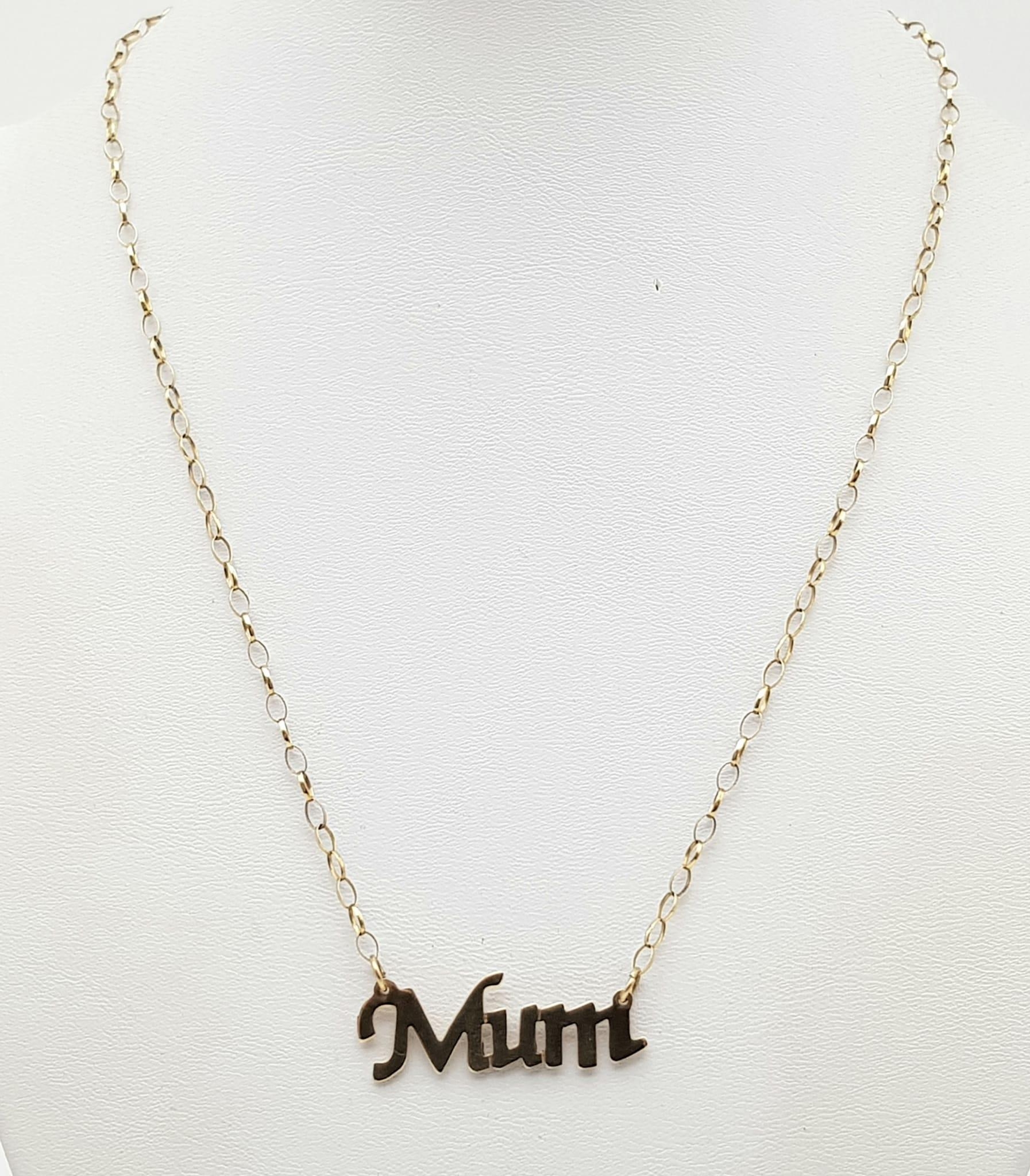 A 9 K yellow gold MUM pendant on chain. Length: 43 cm, weight: 3.4 g. - Image 2 of 3