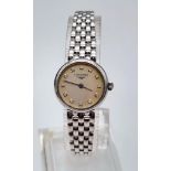 LONGINES 18K WHITE GOLD LADIES WATCH, DIAMOND SET DIAL, 18K GOLD BRACELET WITH ORIGINAL BOX.