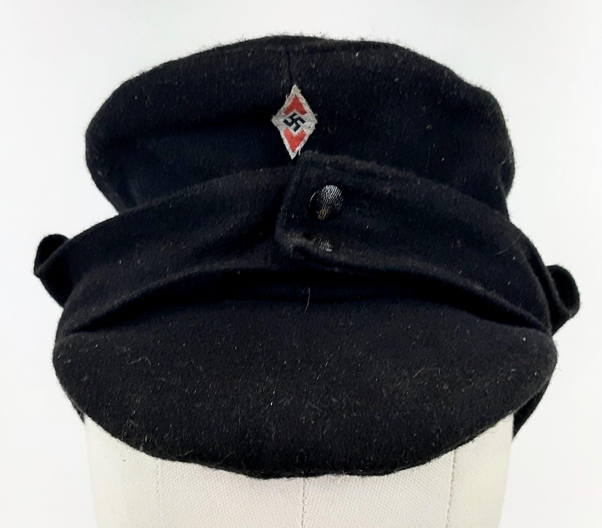 WW2 German Hitler Youth Boys Field Cap – 2 Button Type with Bevo Woven Badge. The Card in the Peak