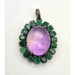 Vintage Oval cut Amethyst & Emerald Pendant. Amethyst - 23.2cts, Emerald - 6.65cts, 14g total. 3.5cm