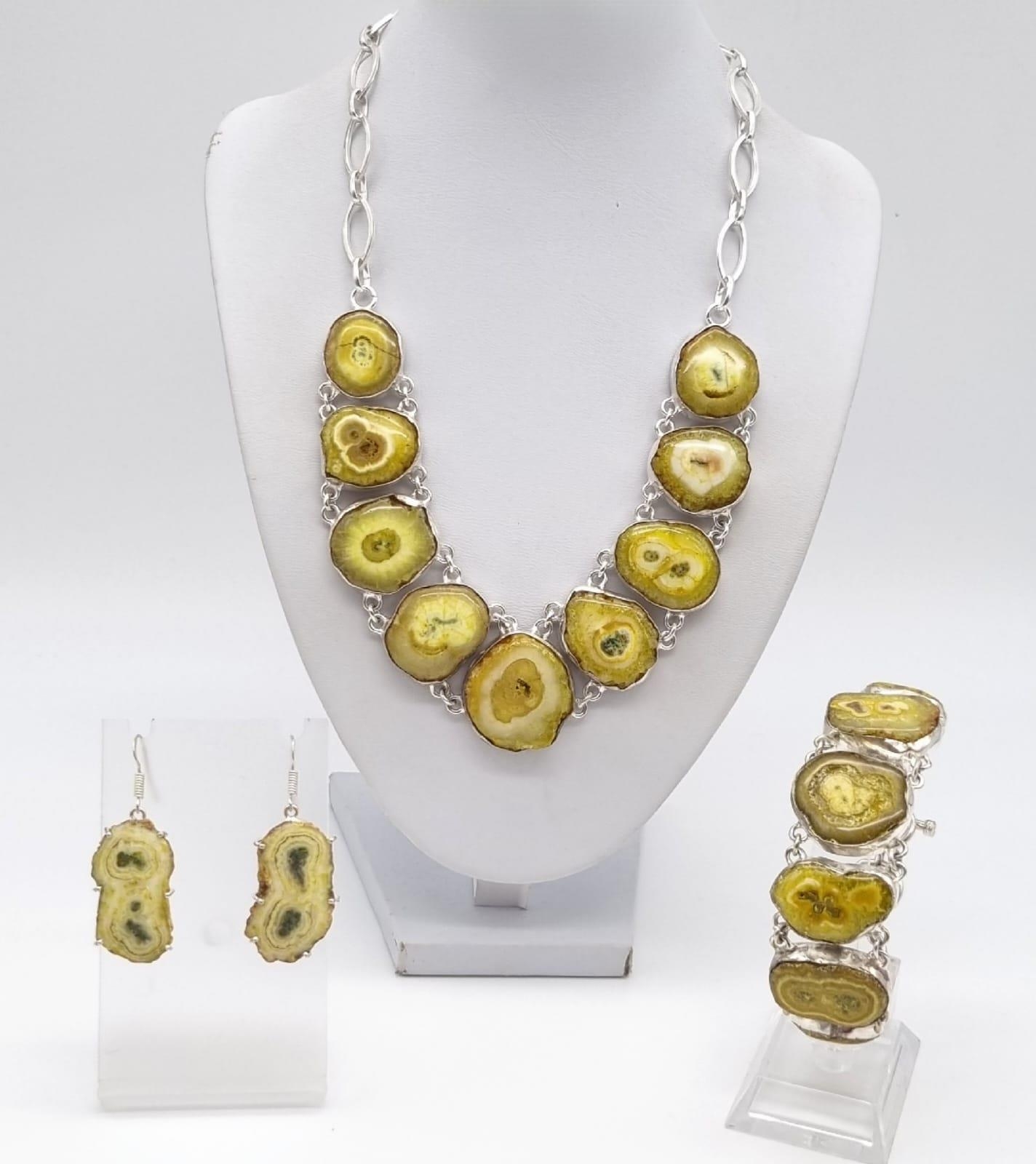 A very unusual and unique, sterling silver, yellow solar quartz necklace, bracelet and earrings set.