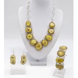 A very unusual and unique, sterling silver, yellow solar quartz necklace, bracelet and earrings set.