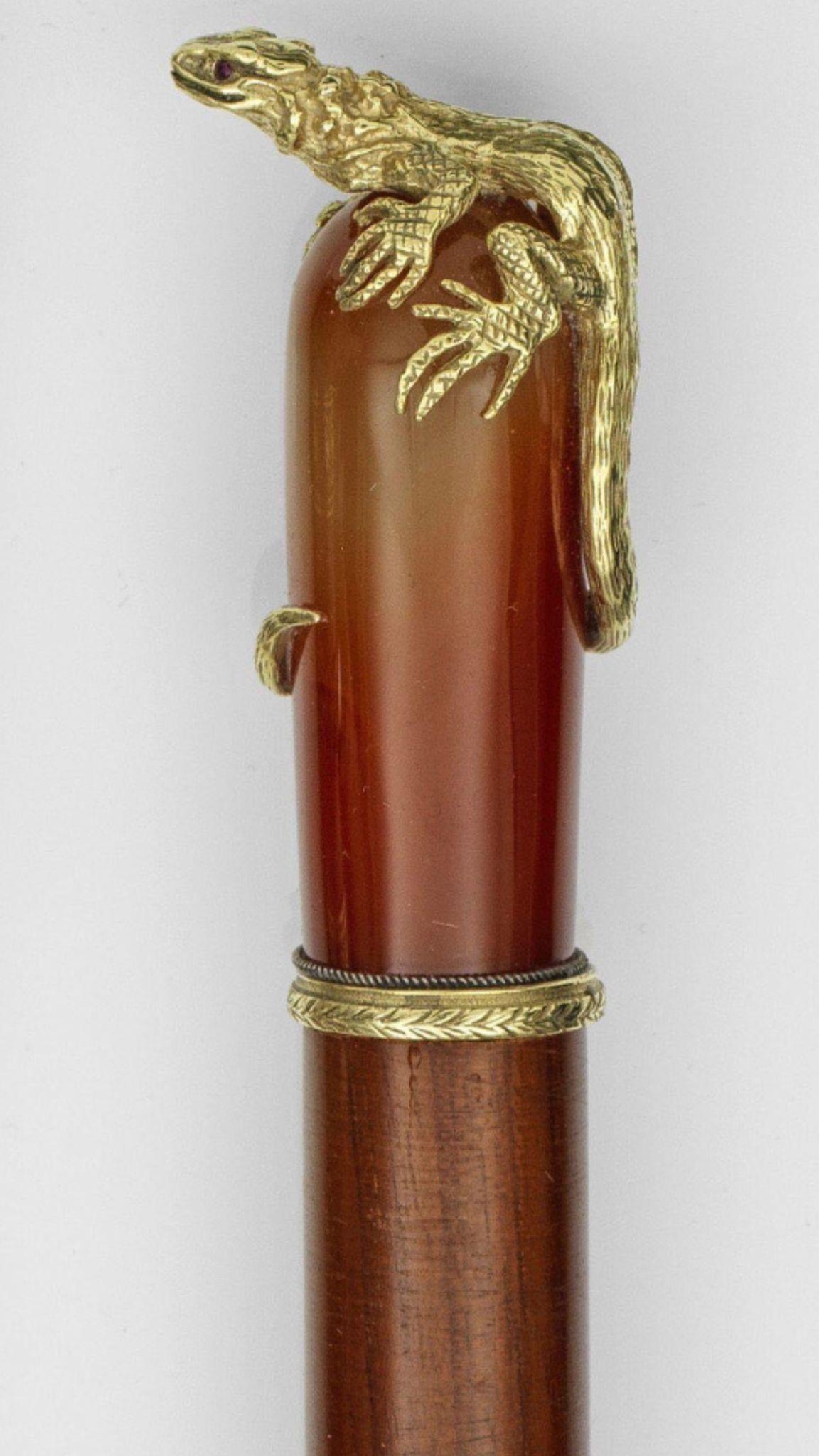 A superb Russian agate hardstone and silver gilt lizard walking stick Top condition 90cm long