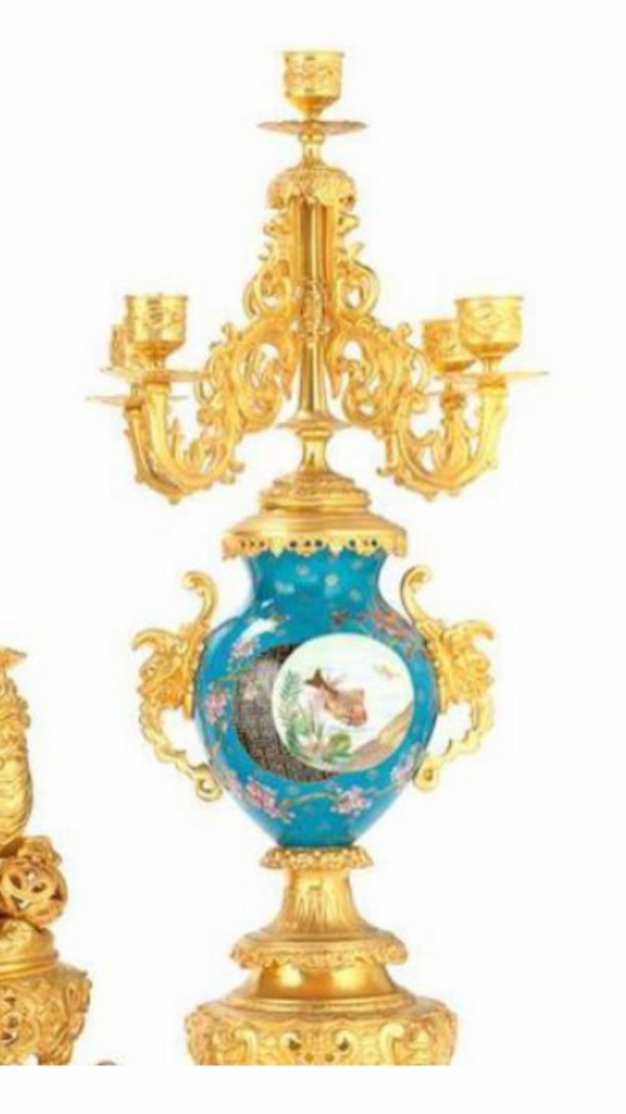 A Magnificent French 19th Century gilt bronze and champleve enamel porcelain mantel garniture - In - Image 5 of 16