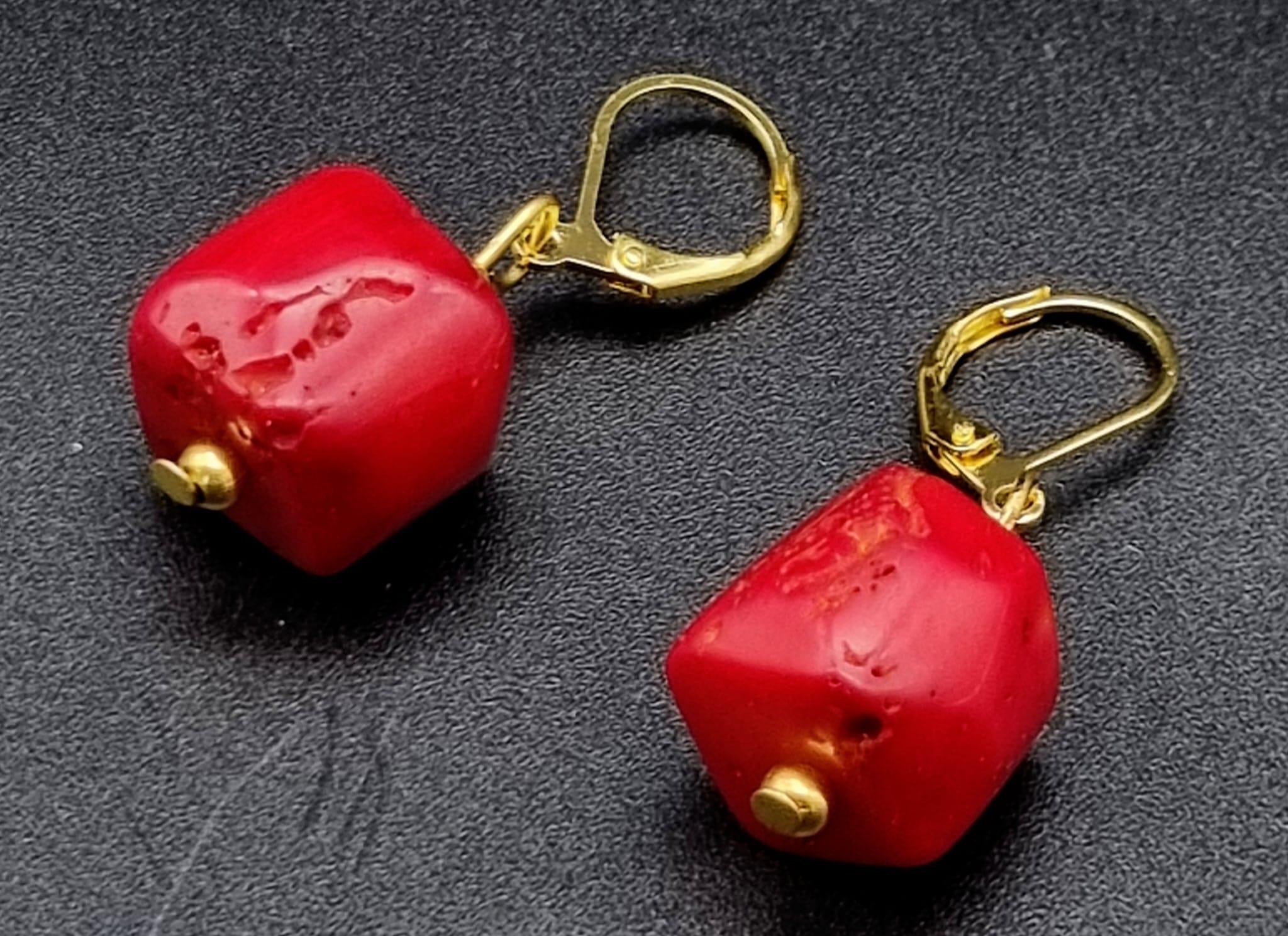 A Pair of Red Coral Square Gilded Earrings.