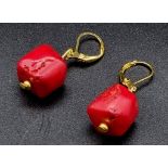 A Pair of Red Coral Square Gilded Earrings.