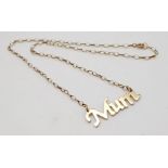 A 9 K yellow gold MUM pendant on chain. Length: 43 cm, weight: 3.4 g.