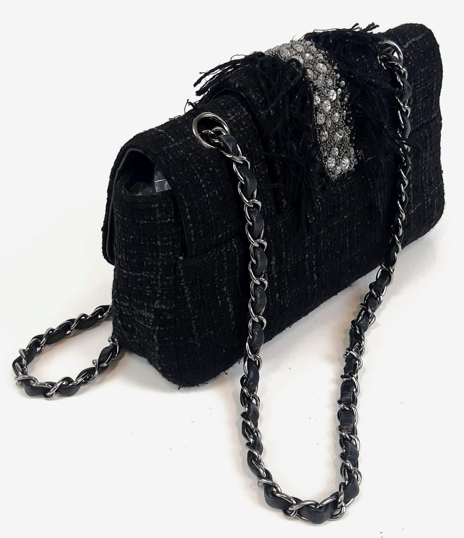 A Chanel Swarovski Tweed Medium Classic Flap Bag. Silver tone and crystal hardware. Silver tone - Image 2 of 7