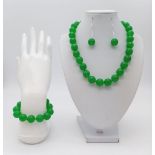 A Green Jade Bead Necklace, Earring and Bracelet Set. 14mm beads. 42cm, 16cm, 4cm drop.