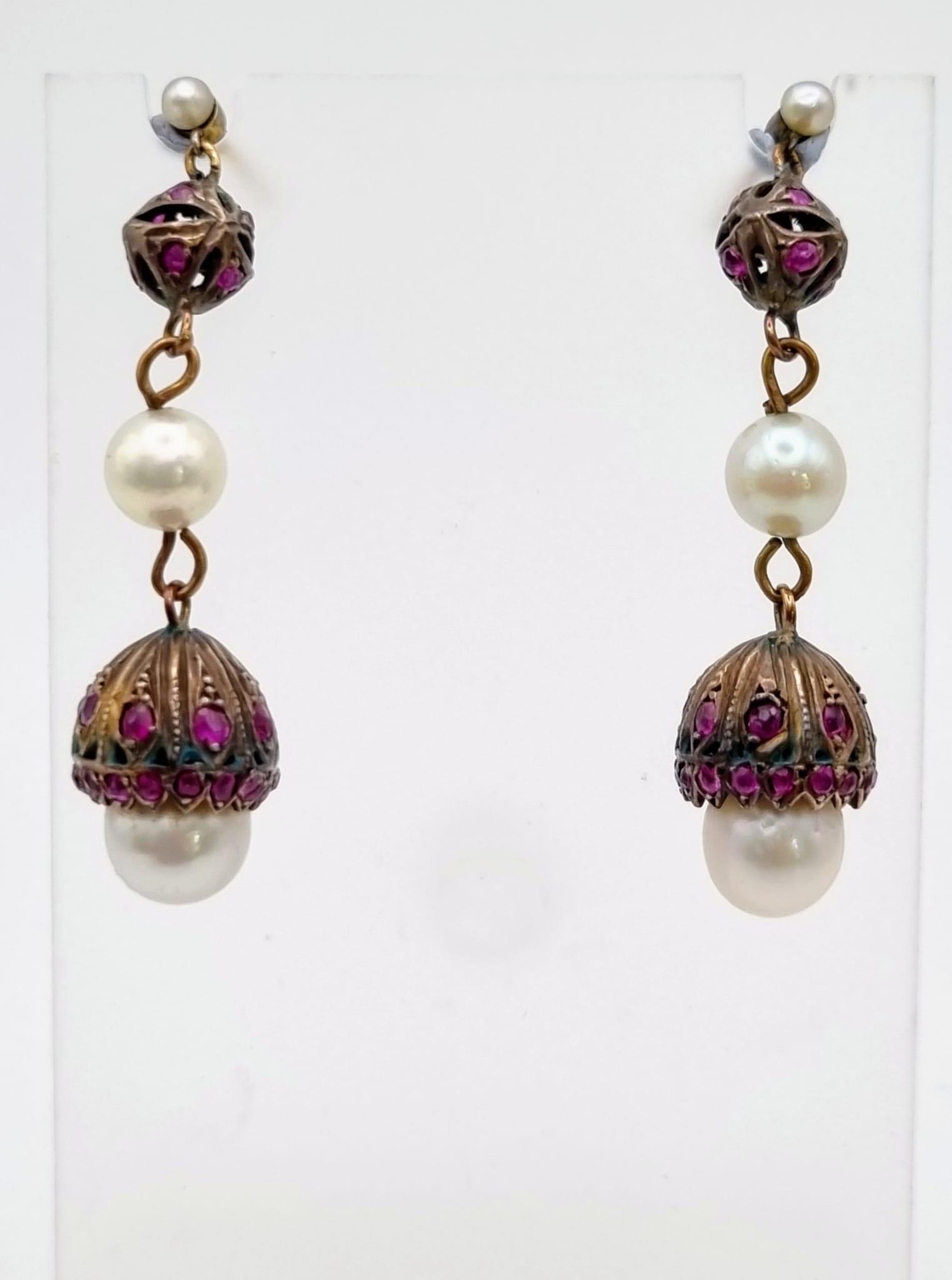 An Antique (Mid 19th Century) Pair of Ruby and Pearl Lampshade drop earrings. Over 1ct of quality, - Image 4 of 4