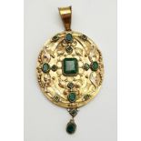 AN ANTIQUE 18K GOLD PENDANT DECORATED WITH JADE AND SEED PEARLS. 15.6gms 8cms