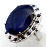 Vintage Oval cut Huge Blue Sapphire Ring. In 925 Sterling silver. 16.5g. Over 50 carat gemstone.