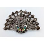 Vintage Sterling Silver Marcasite and Stone Set Peacock Brooch. 6cm wide.
