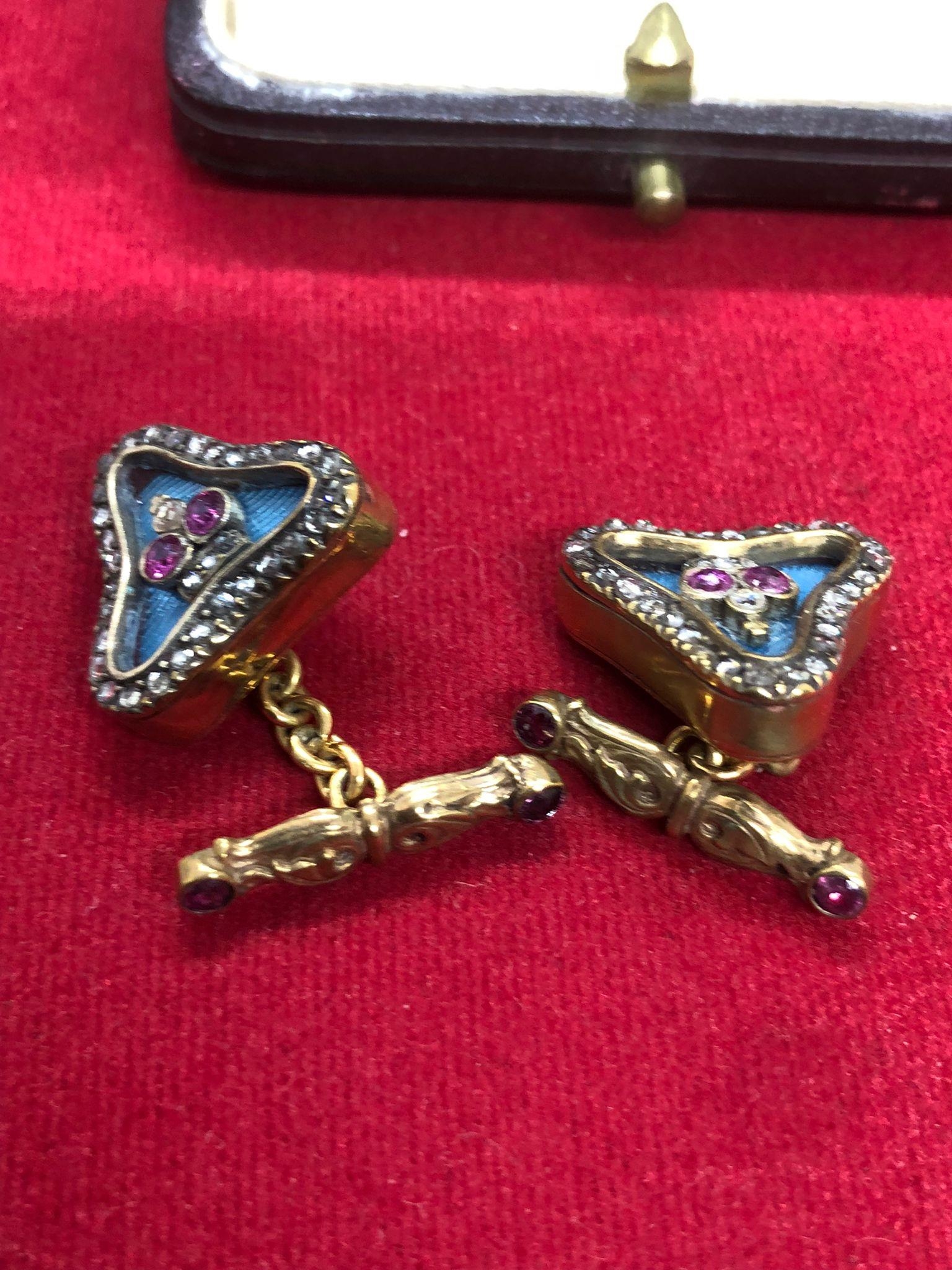 Magnificent pair of Russian silver and enamel diamond cufflinks. 2.5cm cufflink length to back 1.7cm - Bild 3 aus 15